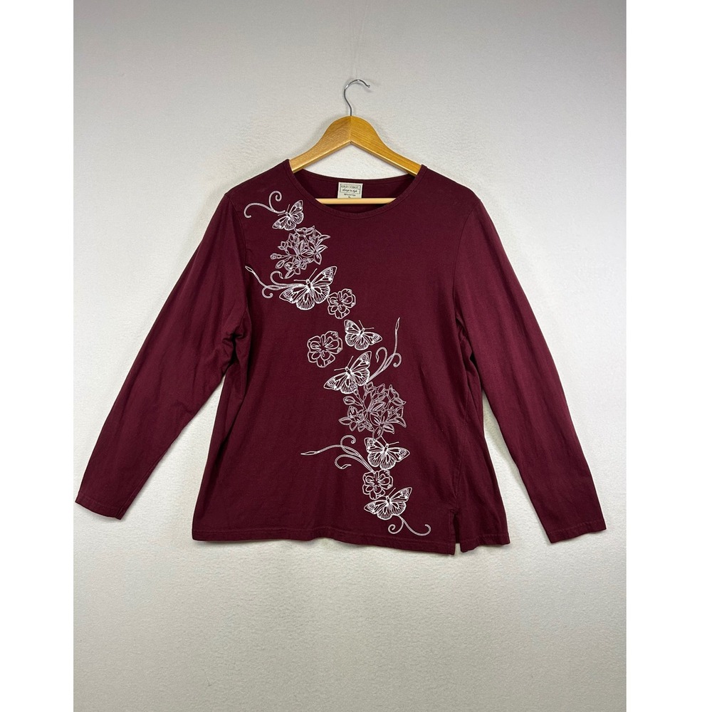 Cottagecore Gold Coast Women XL Burgundy Butterfly Floral Long Slv Graphic Tee